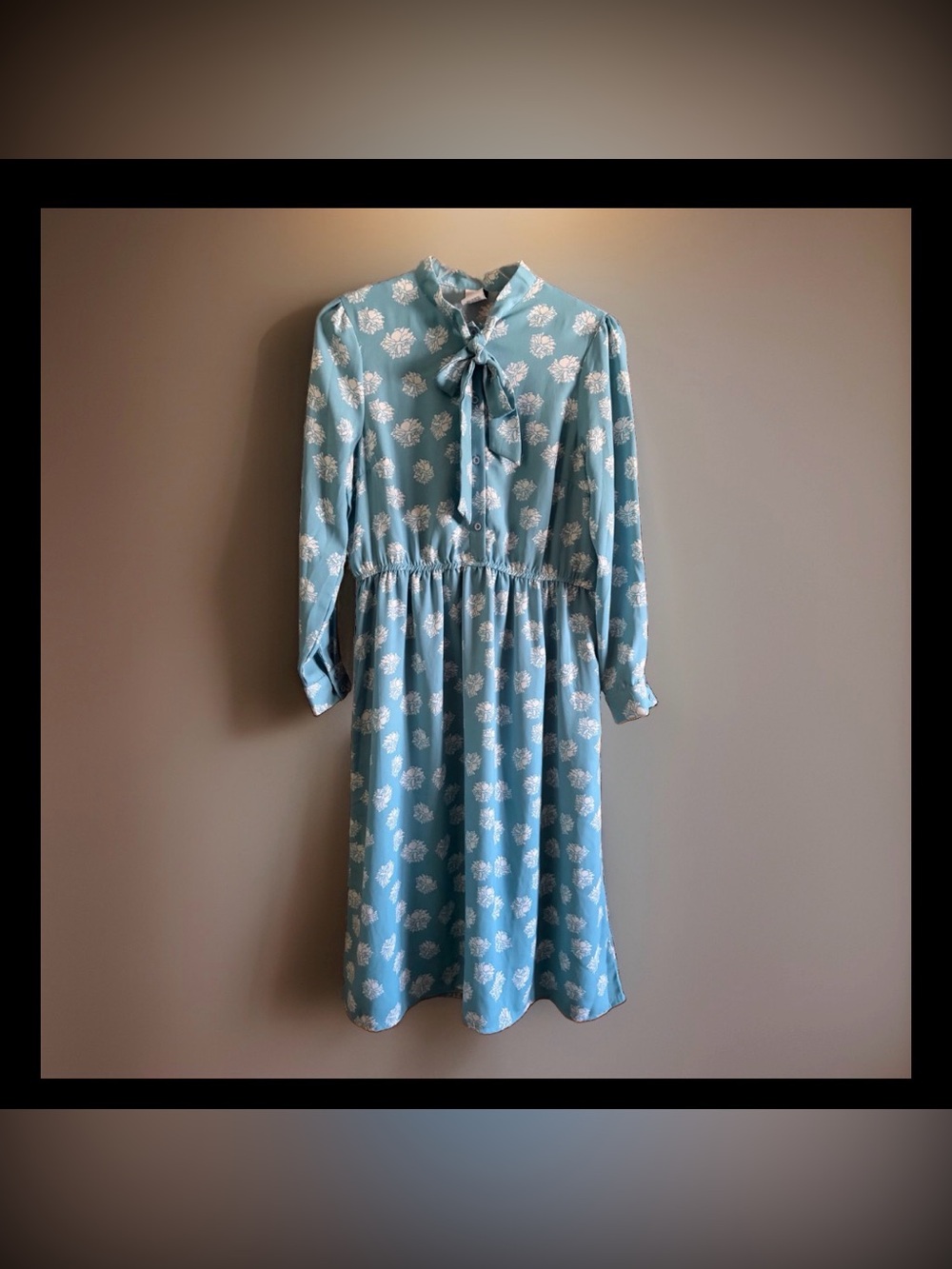 The Golden Girls blue floral midi dress tie pussycat bow neck longsleeve Sz L/XL